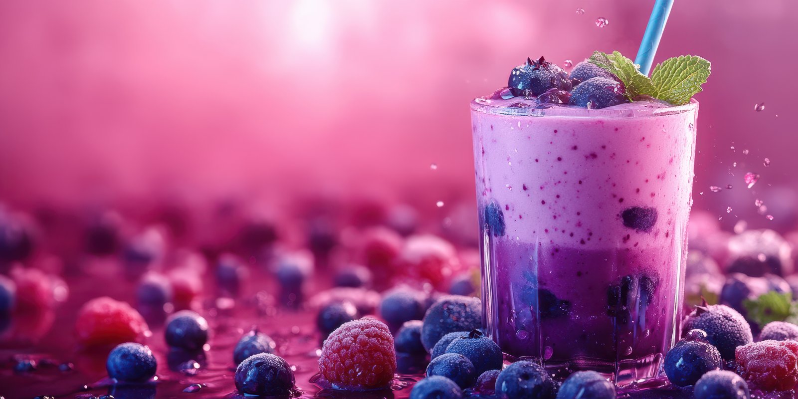 Refreshing berry smoothie served with mint leaves on a vibrant purple background, perfect for summer enjoyment